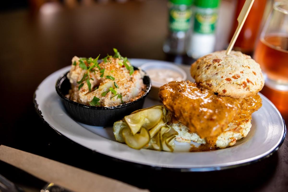 Hot Chicken Sandwich with Alabama white BBQ sauce with Potato Salad